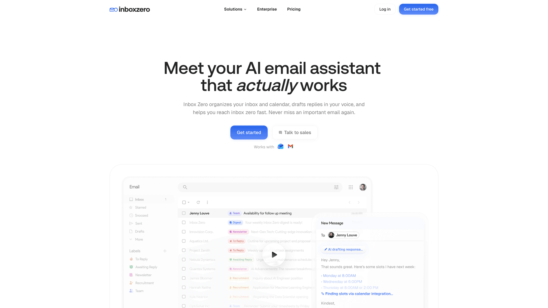 Inbox Zero AI email assistant homepage showing the product UI with inbox, labels, and AI draft reply in action