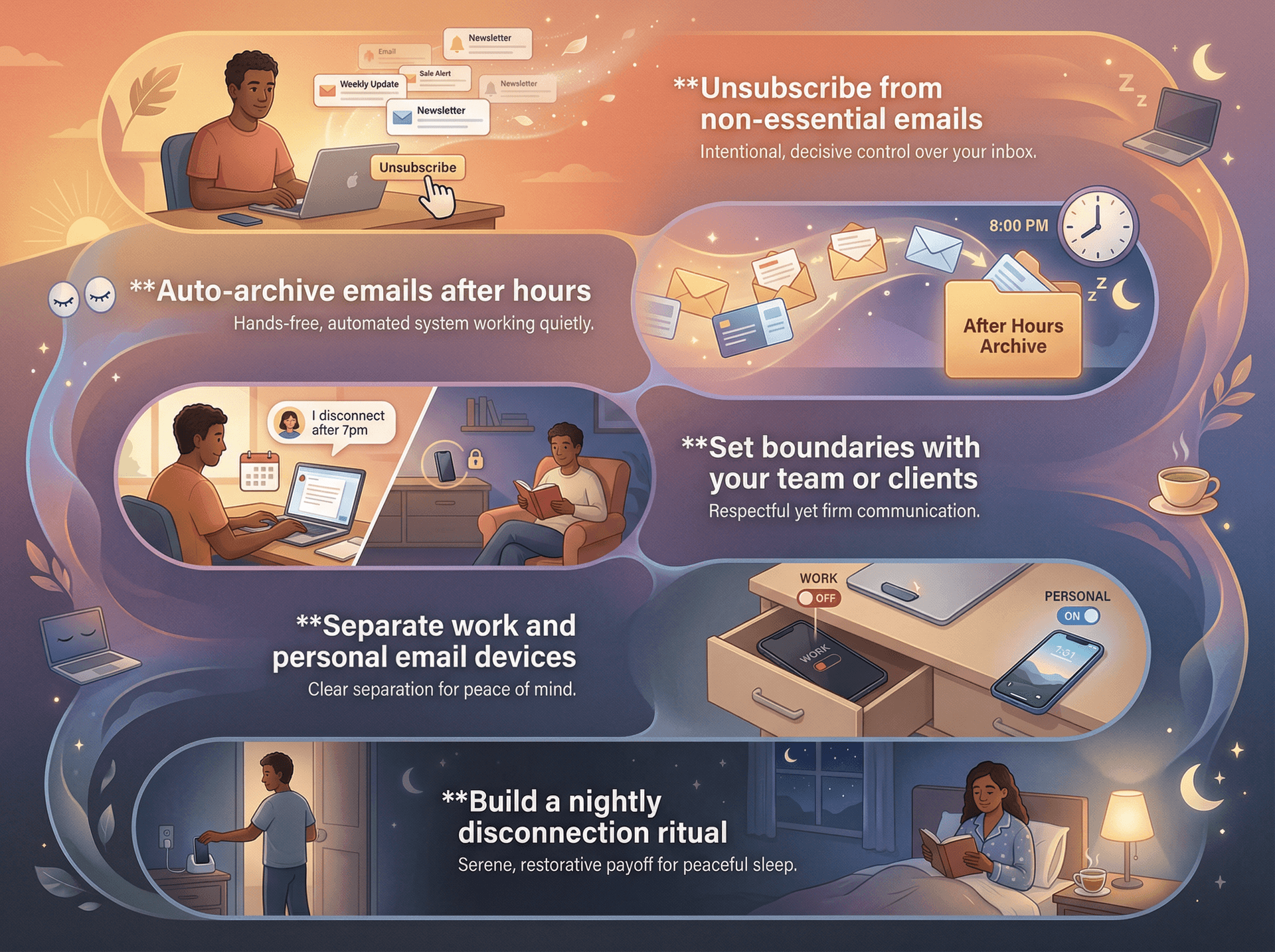 Illustrated guide showing five behavioral strategies for evening email disconnection: unsubscribing, auto-archive rules, team boundaries, device separation, and nightly disconnection rituals