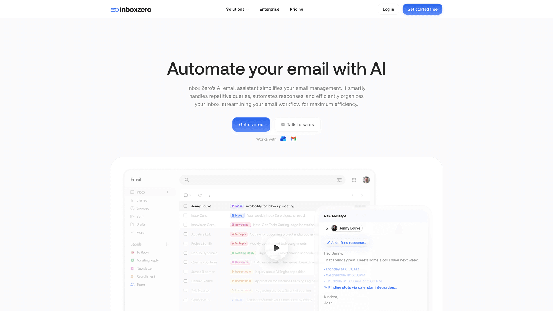 Inbox Zero AI automation features page showing AI email assistant capabilities and rule configuration