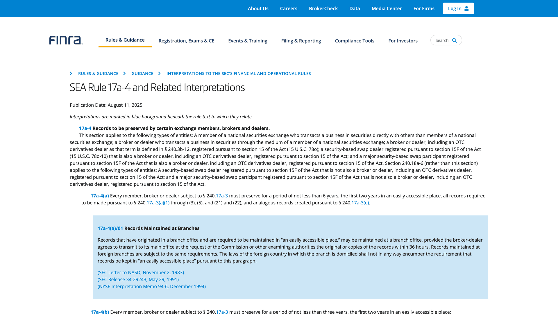FINRA official guidance on broker-dealer email retention requirements showing 3-6 year minimum periods