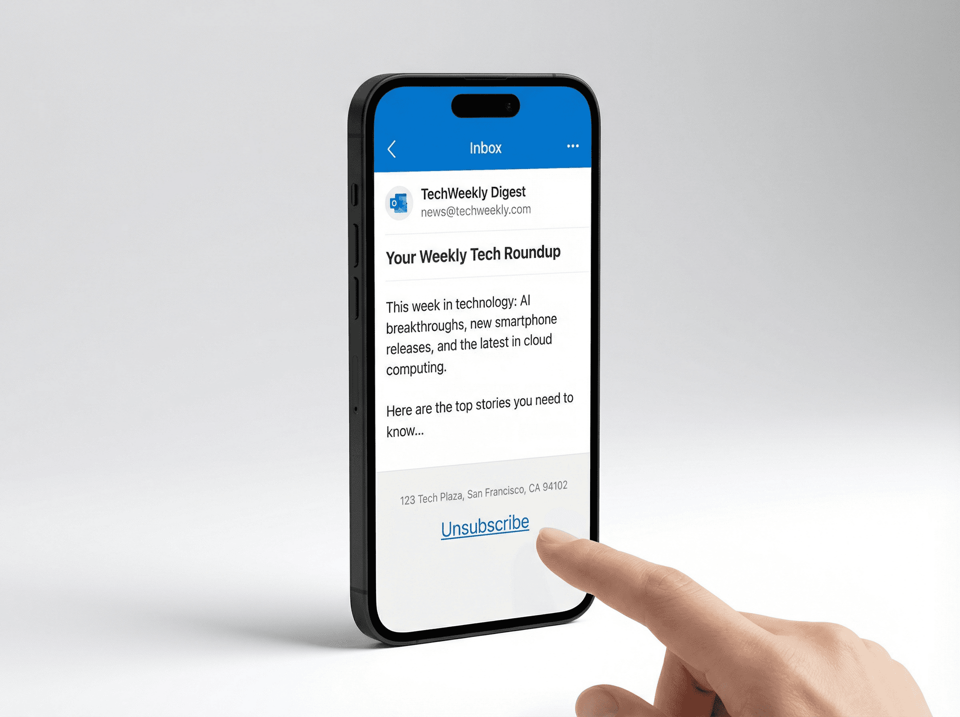 Outlook mobile app interface showing an opened newsletter email scrolled to the footer with the Unsubscribe link highlighted